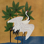 Обои ручная роспись Tsuro Cranes Original colourway on Gold Bullion gilded silk варинант исполнения - 1 | Loft Concept в Красноярске