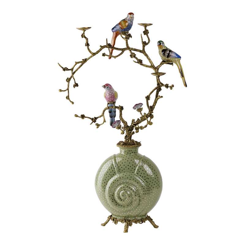 Подсвечник с декором из птиц на ветвях из фарфора с бронзовыми элементами Birds of Paradise Бронза Мульти Зеленый в Красноярске | Loft Concept 