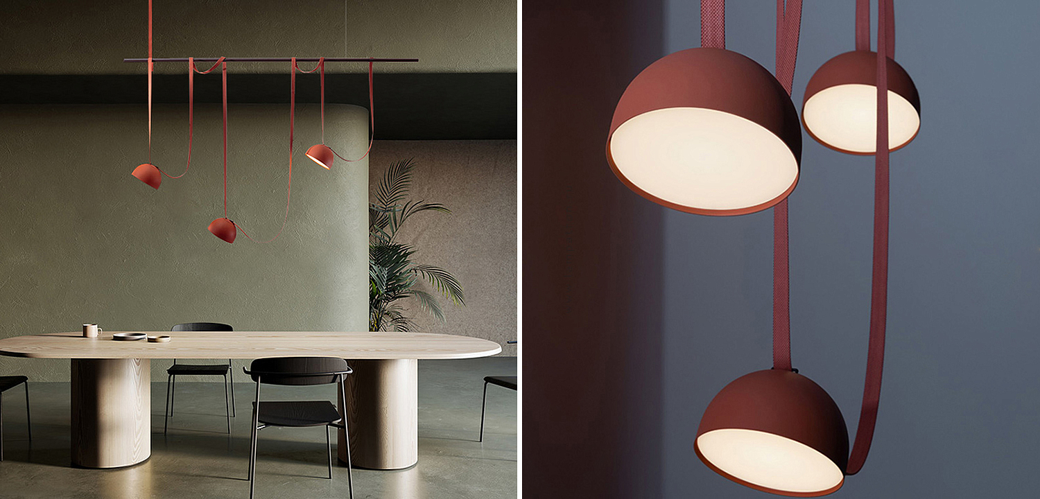 Vibia PLUSMINUS комбинация подвесных светодиодных светильников c красными абажурами на черной рейке с текстильными ремнями Vibia PLUSMINUS комбинация подвесных светодиодных светильников c красными абажурами на черной рейке с текстильными ремнями - Loft-Concept в Красноярске