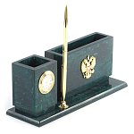 Настольный письменный набор с гербом России и часами из природного камня змеевик Successful Leader варинант исполнения - 2 | Loft Concept в Красноярске