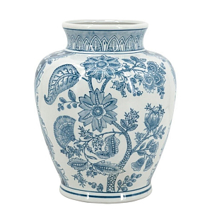 Ваза округлой формы белого цвета с синим растительным узором Blue & White Ornament