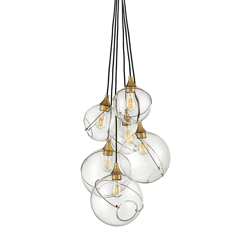 Подвесной светильник с шестью прозрачными стеклянными шарообразными плафонами Hinkley Латунь Прозрачное Стекло в Красноярске | Loft Concept 