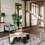 Дизайнерский журнальный стол округлой формы чёрный с золотой столешницей Fufem варинант исполнения - 3 | Loft Concept в Красноярске