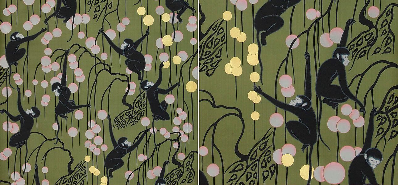 Обои ручная роспись Deco Monkeys Special Colourway on Olive dyed silk Обои ручная роспись Deco Monkeys Special Colourway on Olive dyed silk - Loft-Concept в Красноярске