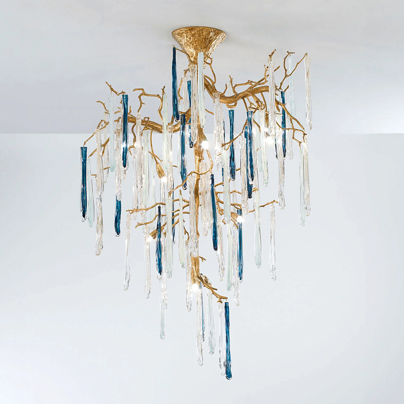 Люстра с прозрачными и голубыми подвесками в форме капель Droplet Chandelier Золотой Прозрачный Синий Люстра с прозрачными и голубыми подвесками в форме капель Droplet Chandelier Золотой Прозрачный Синий в Красноярске | Loft Concept