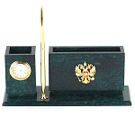 Настольный письменный набор с гербом России и часами из природного камня змеевик Successful Leader варинант исполнения - 1 | Loft Concept в Красноярске