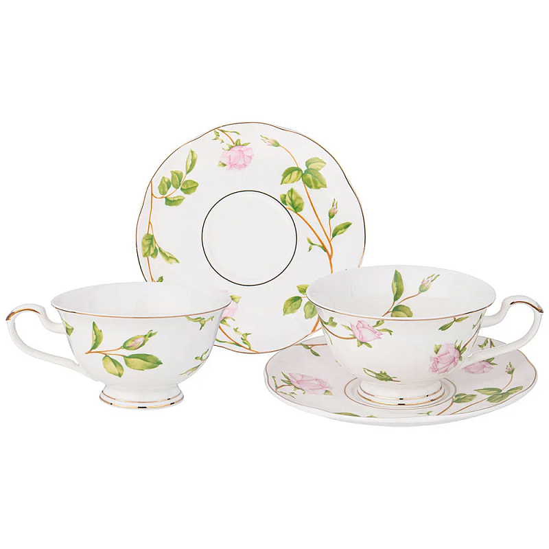 Чайный набор из фарфора белый с цветочным принтом на 2 персоны 4 предмета Flower Porcelain Collection Белый Мульти в Красноярске | Loft Concept 