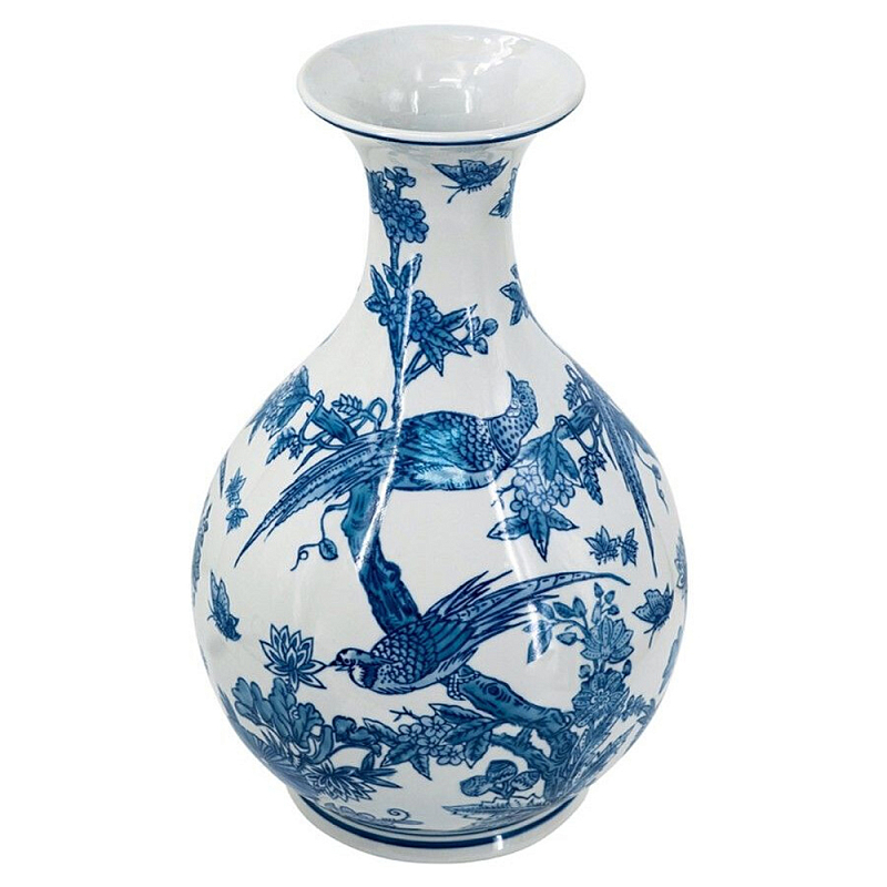 Ваза с мотивами цветущего сада с попугаями Blue Vase Inspired by Nature Синий Белый в Красноярске | Loft Concept 