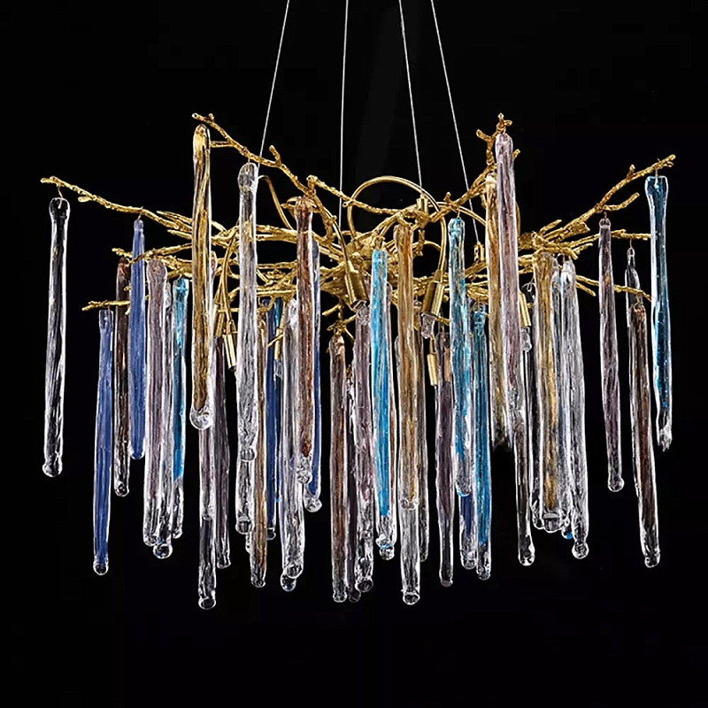 Люстра на подвесе с каркасом из металла и цветными подвесками из стекла Droplet Chandelier Золотой Прозрачный Голубой Янтарный в Красноярске | Loft Concept 