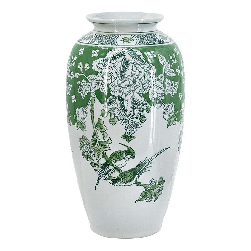 Ваза высокая с зелеными цветочными и птичьими мотивами Vase Inspired by Nature Зеленый Белый в Красноярске | Loft Concept 