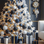 Украшенная Белая Новогодняя Елка с сине-белыми шарами и и муляжами подарков в комплекте варинант исполнения - 2 | Loft Concept в Красноярске