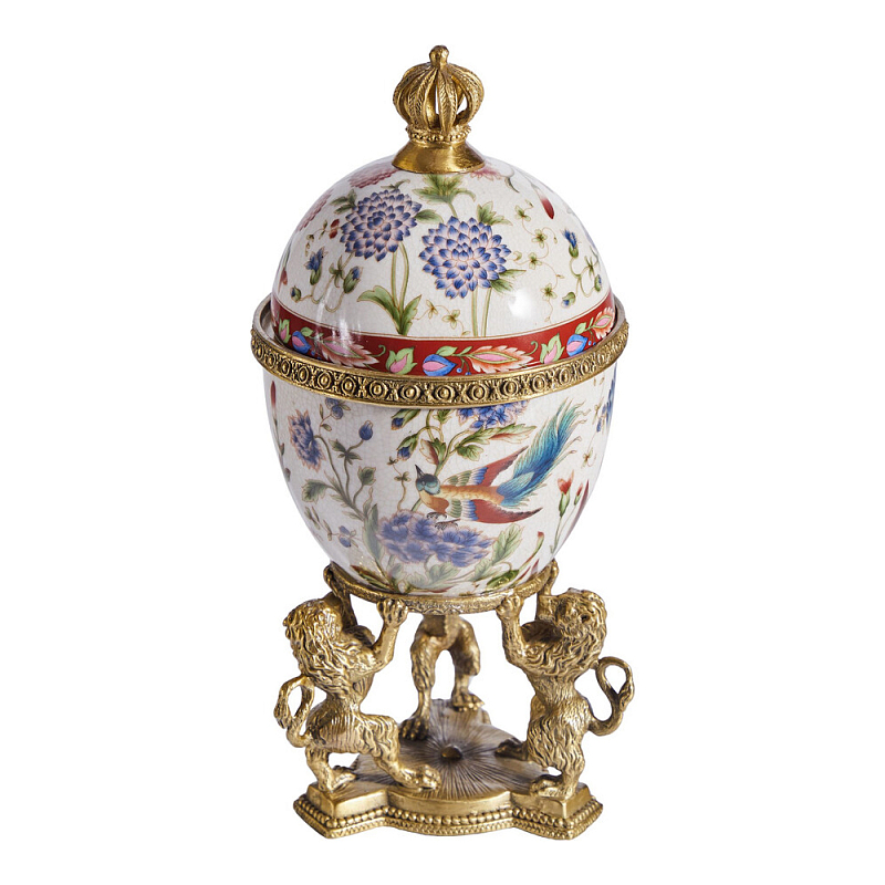 Шкатулка в форме яйца на величественных львах из фарфора с бронзовыми элементами Eden Garden Белый Черный Бронза Мульти в Красноярске | Loft Concept 