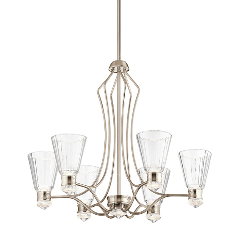 Люстра цвета никель с 6-ю рифлеными стеклянными плафонами и изогнутым каркасом Kichler Никель Белый Прозрачное Стекло в Красноярске | Loft Concept 