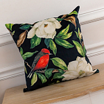 Декоративная подушка чёрная с изображением птиц и цветов Blooming Reds Birds варинант исполнения - 2 | Loft Concept в Красноярске