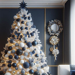 Украшенная Белая Новогодняя Елка с сине-белыми шарами и и муляжами подарков в комплекте варинант исполнения - 1 | Loft Concept в Красноярске