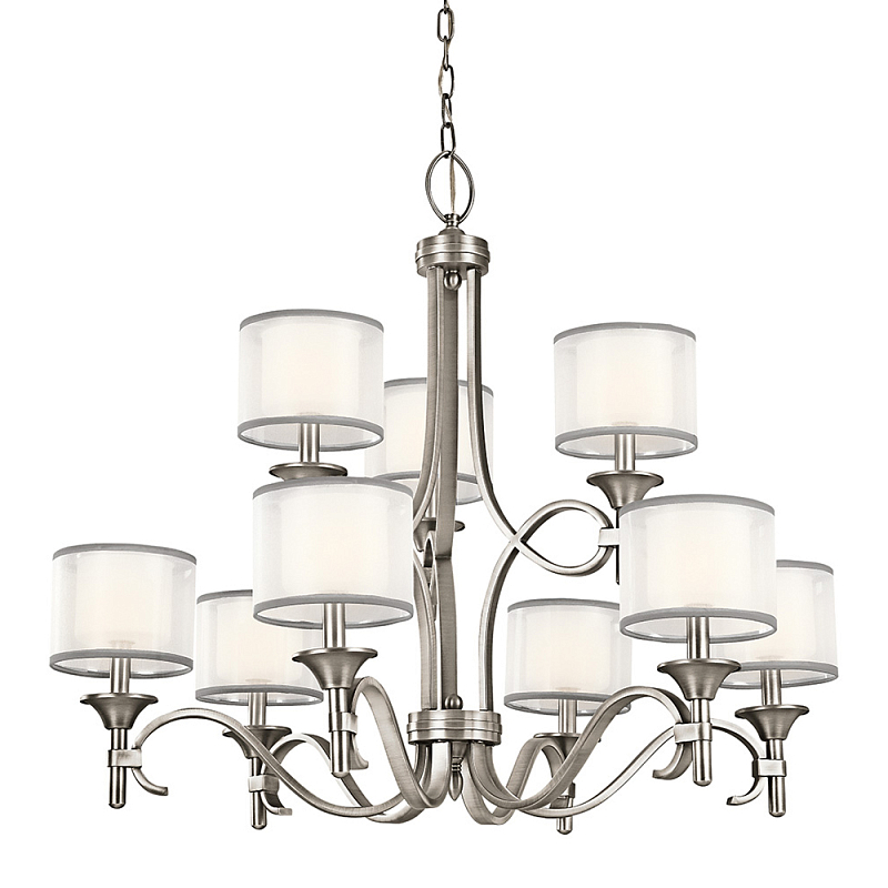 Люстра с белыми тканевыми абажурами в прозрачных стеклянных цилиндрах Kichler Белый Бежевый Никель Бронза Прозрачное Стекло в Красноярске | Loft Concept 